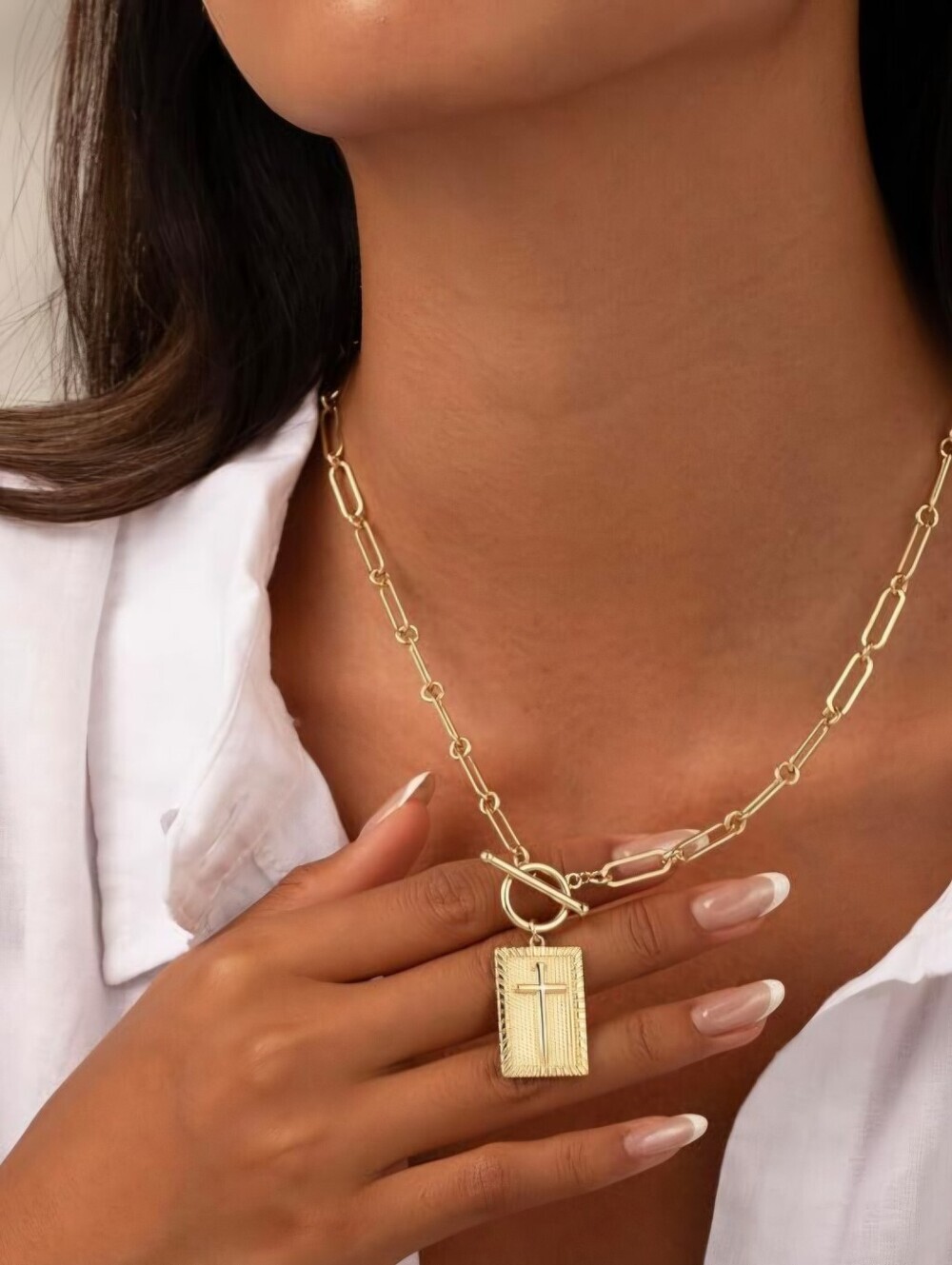 14K Gold Plated Non-Tarnish Rectangular Cross Pendant Chain Necklace